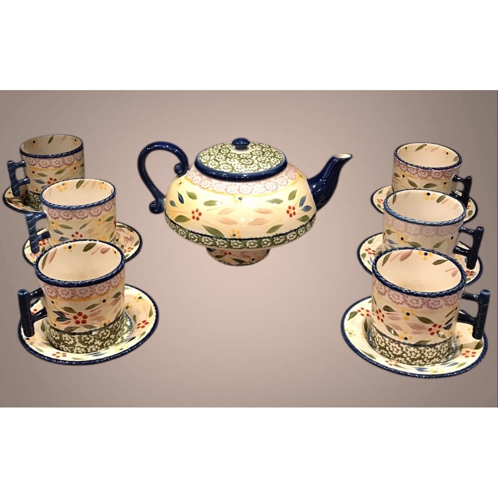 Teapot W/Warmer Stand 6 Cups ‎ & Saucers Set Temptations By Tara Old World Green